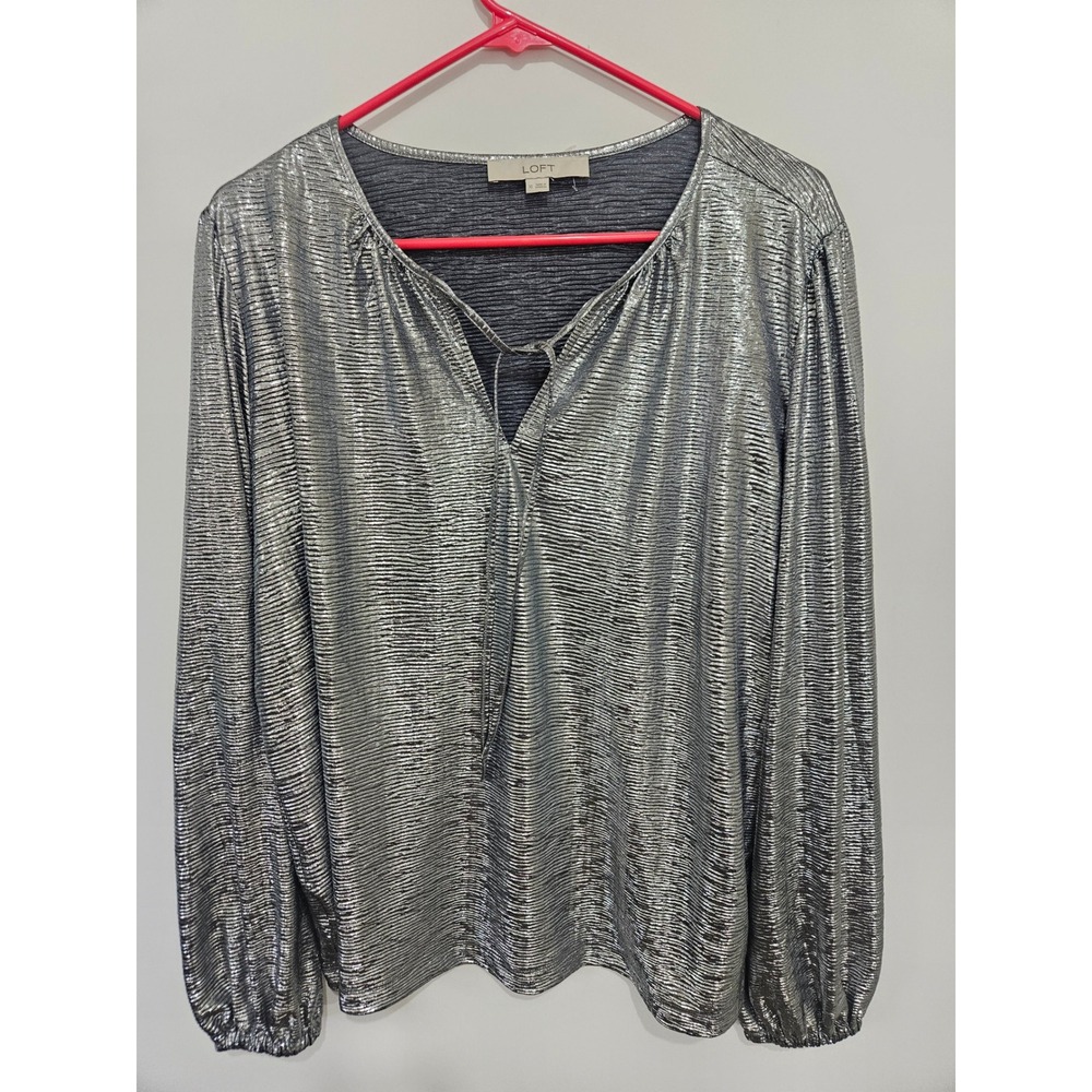 LOFT Womens Silver Metallic Plisse Long Sleeve Tie‎ Neck Blouse Top XL RN140923